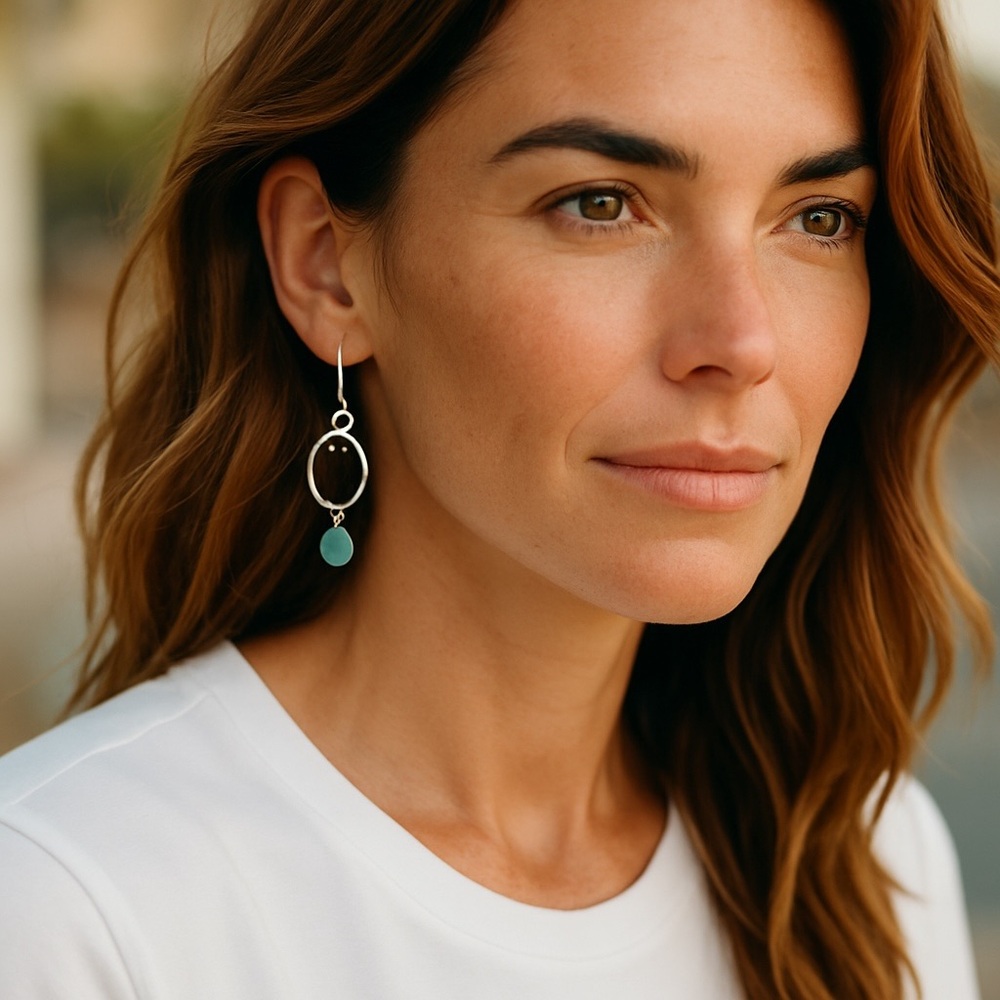 Sterling Silver, Tourmaline and Jade Drop Earrings